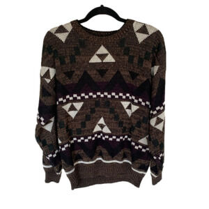 Geometric Pattern Crewneck Sweater - Brown and White